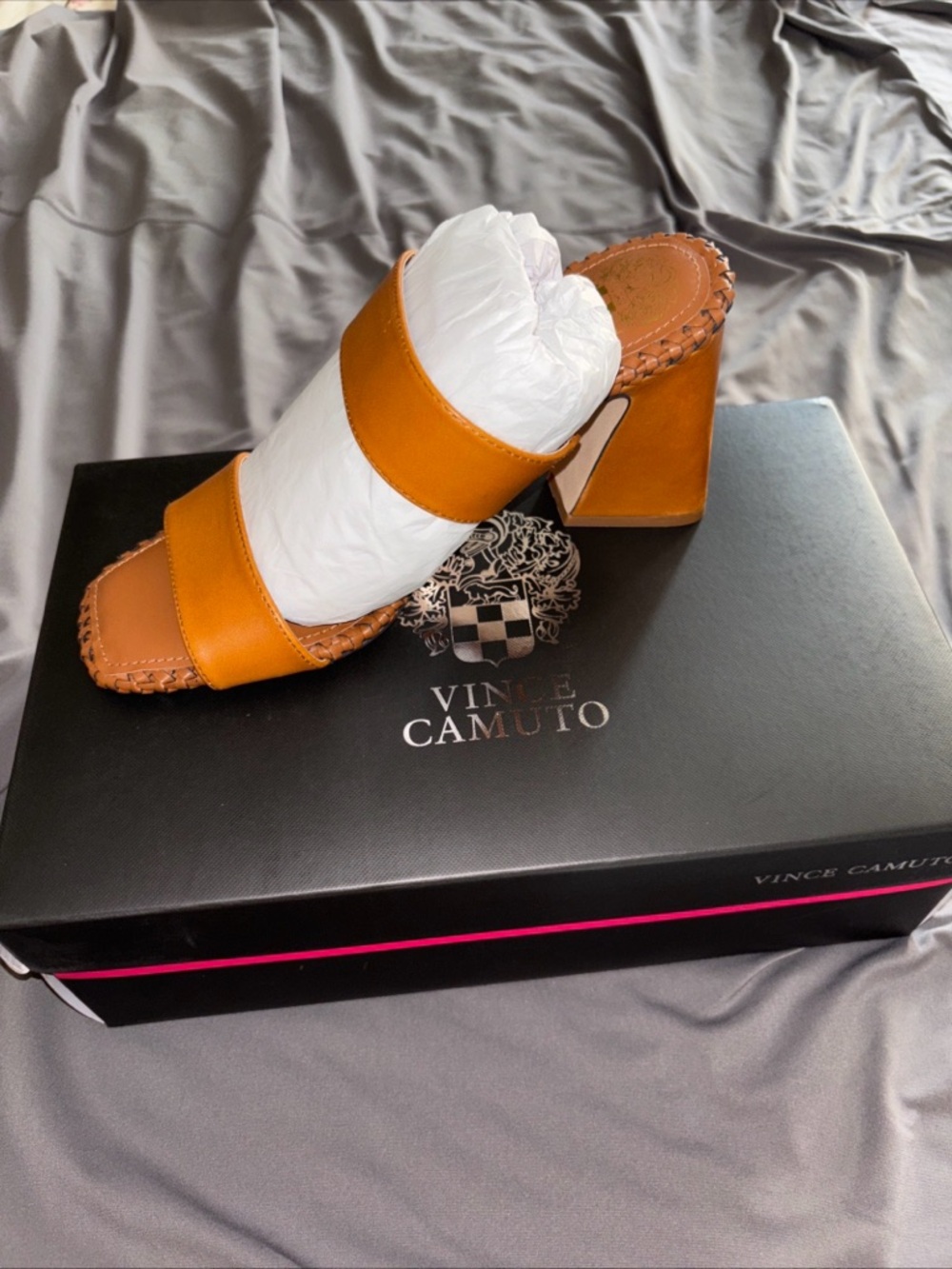 Vince Camuto Cognac Leather Block Heel Mule